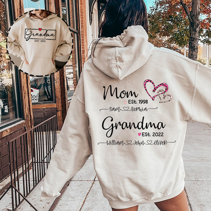 Personalized Mom Est. & Grandma Est. Hoodie with Kids' Names - Pink Leopard Heart Design - Custom Family Gift