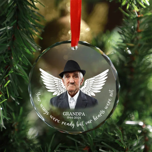 Personalized Your Wings Were Ready But Our Hearts Were Not Glass Ornament, Custom Memorial Photo Christmas Ornament, Remembrance Gifts for Loss of Loved Ones