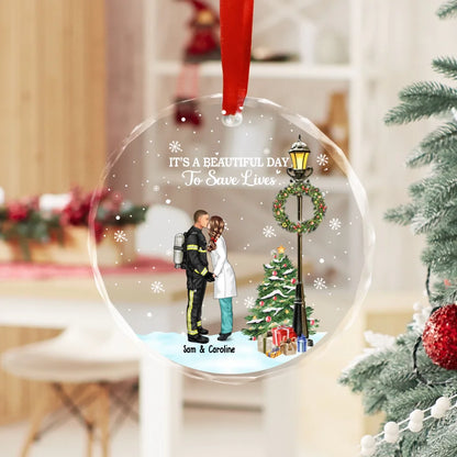 Personalized It's A Beautiful Day To Save Lives Glass Ornament, Custom Kissing Couple Christmas Ornament, Gift for First Responders