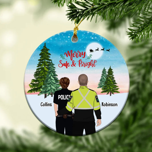 Personalized Merry Safe & Bright Ceramic Ornament, Custom First Responder Couple Christmas Ornament