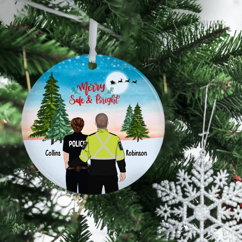 Personalized Merry Safe & Bright Ceramic Ornament, Custom First Responder Couple Christmas Ornament