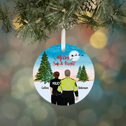 Personalized Merry Safe & Bright Ceramic Ornament, Custom First Responder Couple Christmas Ornament