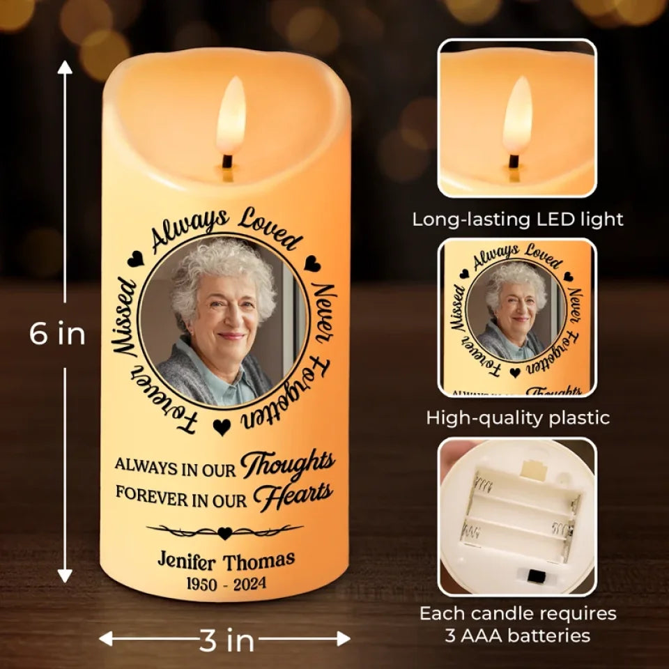 Custom Photo Always In Our Thoughts - Memorial Personalized Custom LED Candle - Christmas Gift, Sympathy Gift For Family Members