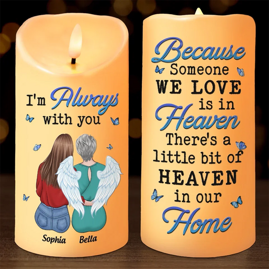 Though Someone We Love Is In Heaven, Their Spirit Fills Our Home With Love - Memorial Personalized Custom LED Candle - Sympathy Gift, Christmas Gift For Family Members