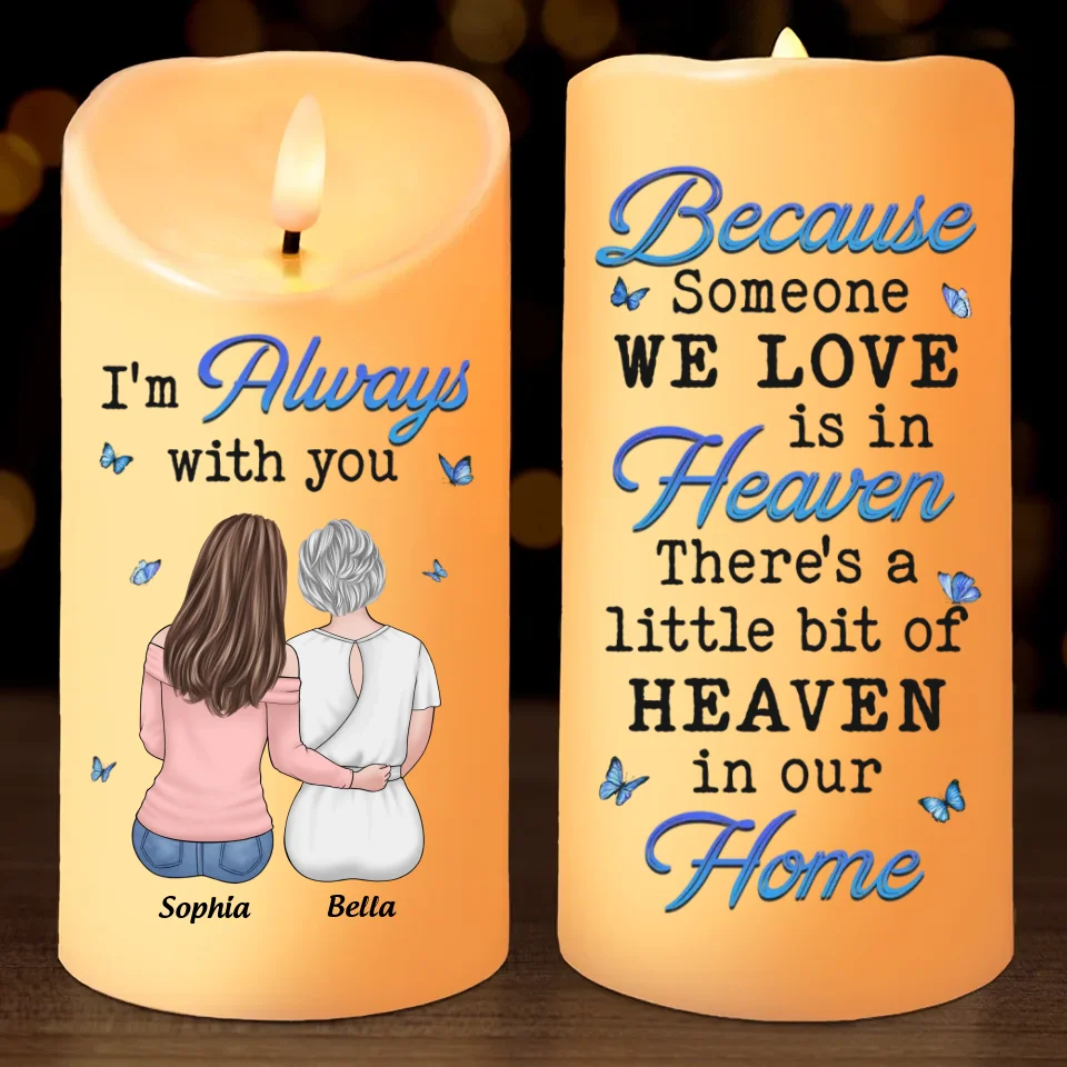 Though Someone We Love Is In Heaven, Their Spirit Fills Our Home With Love - Memorial Personalized Custom LED Candle - Sympathy Gift, Christmas Gift For Family Members