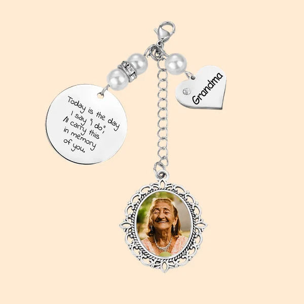 Personalised Lace Oval Photo Bouquet Charm with Heart Engraved Pendant Memorial Wedding Gift for Bride