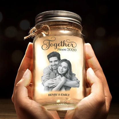 Custom Photo Our Love Is The Real Masterpiece Here - Couple Personalized Custom Mason Jar Light - Gift For Husband Wife, Anniversary