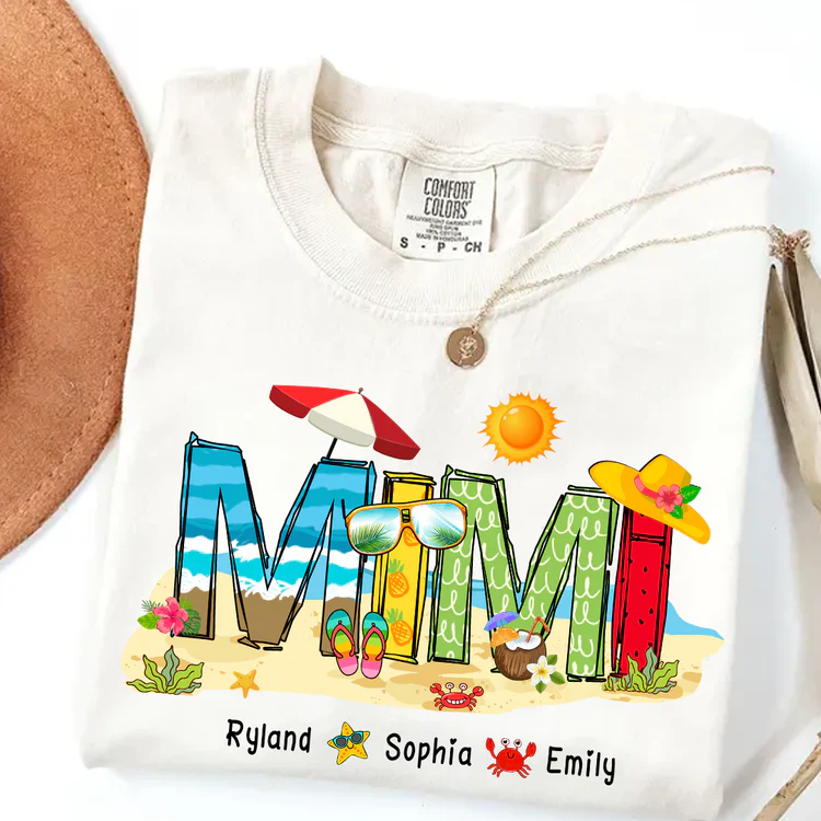 Custom Beach Mimi Shirt – Personalized Grandma T-Shirt with Grandkids Names