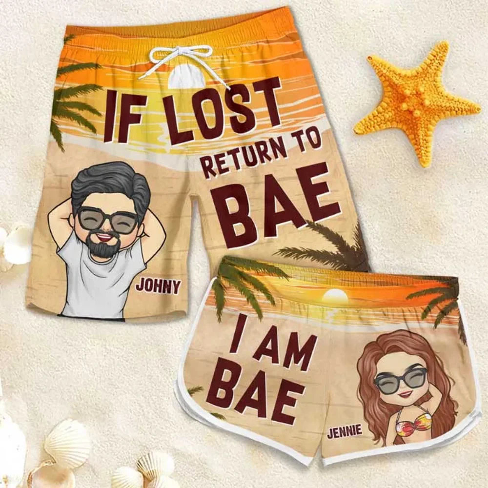 Lost In The Sunshine, Found In Each Other - Funny Personalized Custom Tropical Hawaiian Aloha Couple Beach Shorts - Summer Vacation Gift, Birthday Party Gift For Husband Wife, Anniversary