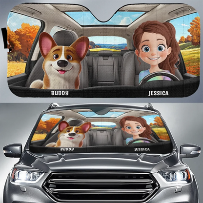 Pawsome Road Trips Ahead - Dog & Cat Personalized Custom Auto Windshield Sunshade, Car Window Protector - Gift For Pet Owners, Pet Lovers