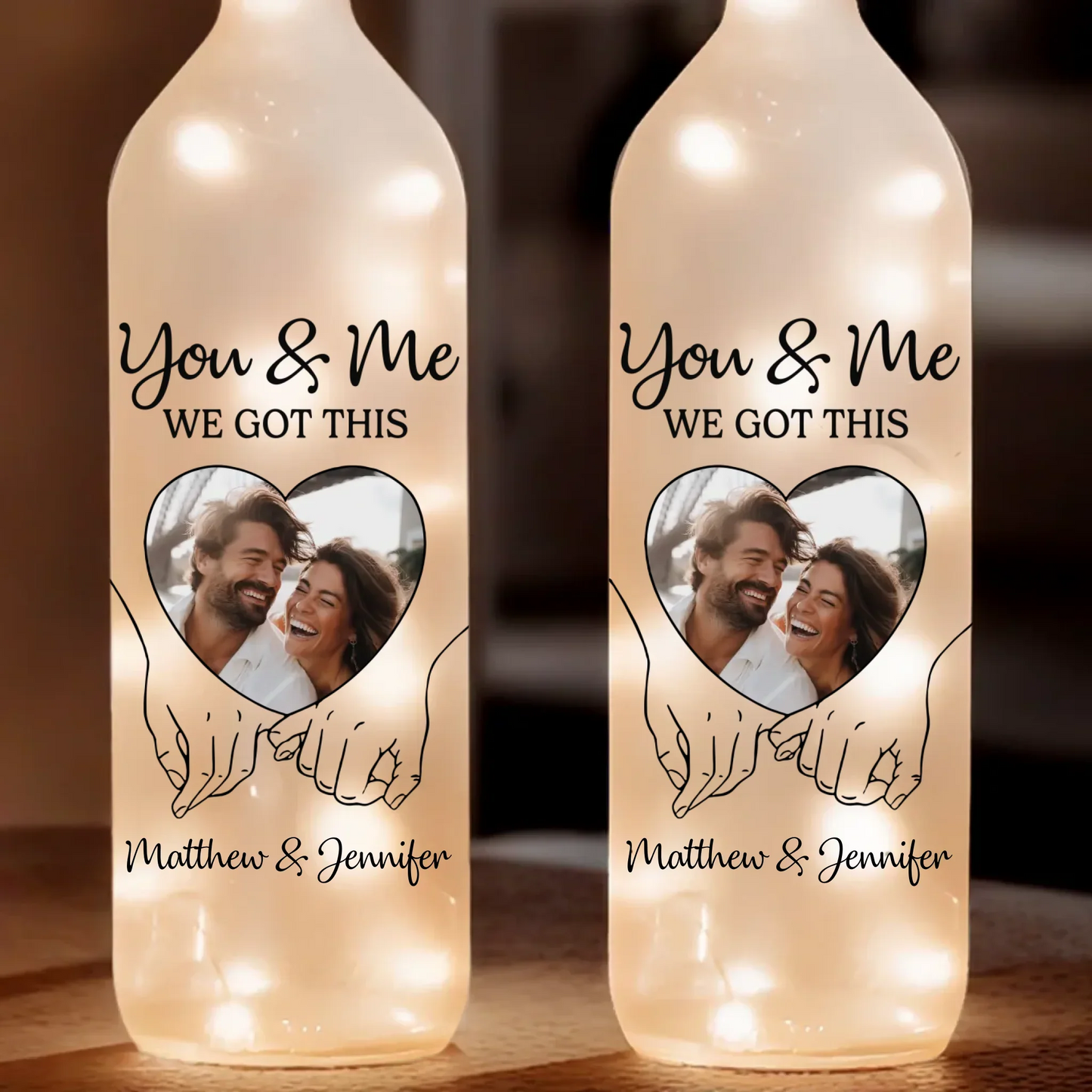 Custom Photo Bottle Lamp - Personalized Anniversary Wedding Gifts For Husband And Wife, Him And Her - Hand In Hand, We Conquer All