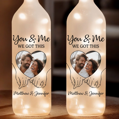 Custom Photo Bottle Lamp - Personalized Anniversary Wedding Gifts For Husband And Wife, Him And Her - Hand In Hand, We Conquer All