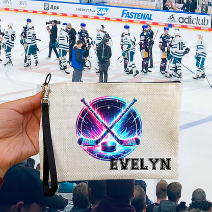 Personalised Neon Dynamic Hockey Design Linen Wristlet Makeup Bag with Name Birthday Sports Gift for Hockey Players Lovers