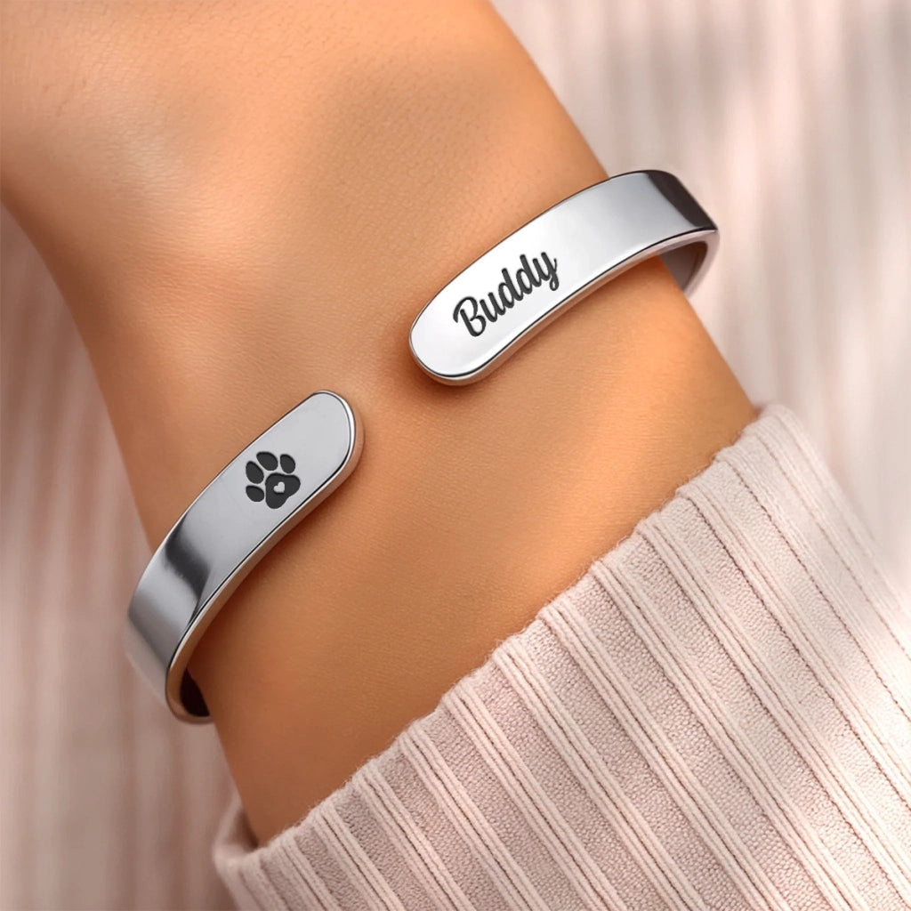 Custom Engraved Stainless Steel Cuff Bracelet - Personalized Pet Memorial Sympathy Gifts For Dogs, Cats - You Left Paw Prints On My Heart