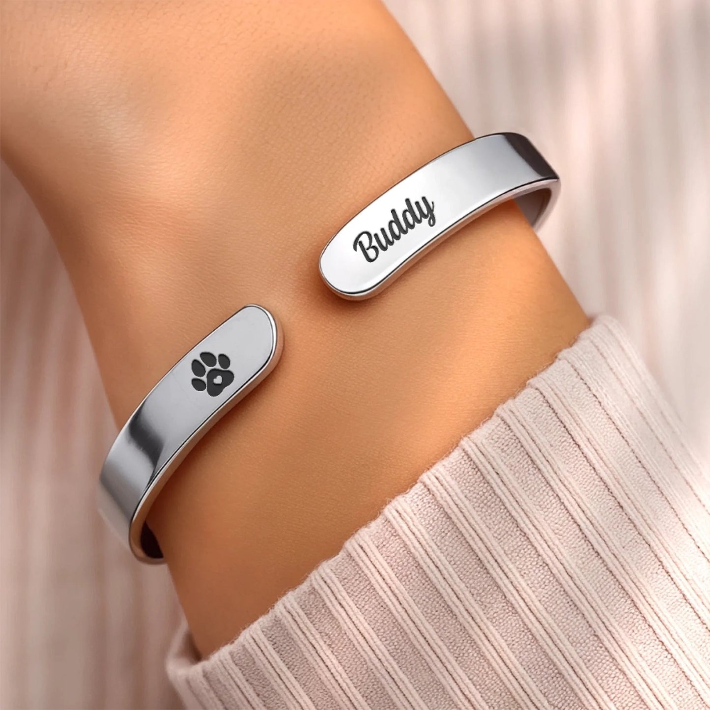 Custom Engraved Stainless Steel Cuff Bracelet - Personalized Pet Memorial Sympathy Gifts For Dogs, Cats - You Left Paw Prints On My Heart