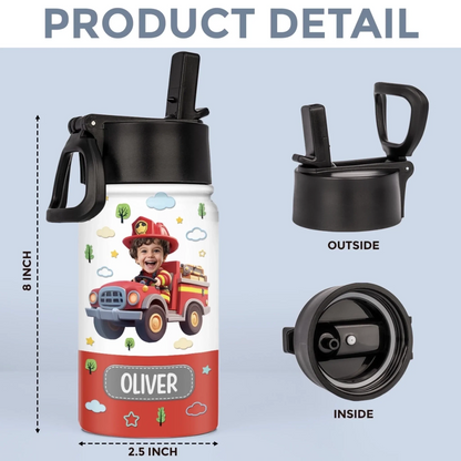 Custom Photo Kids Water Bottle - Personalized Back To School Gifts For Kids - Fire Truck Fun Ahead