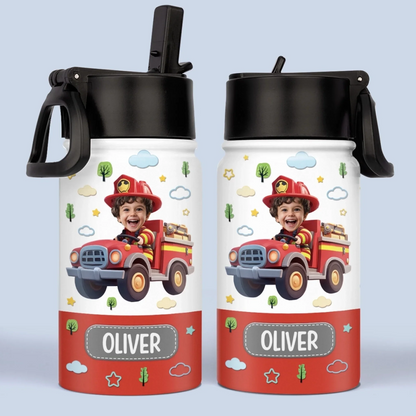 Custom Photo Kids Water Bottle - Personalized Back To School Gifts For Kids - Fire Truck Fun Ahead