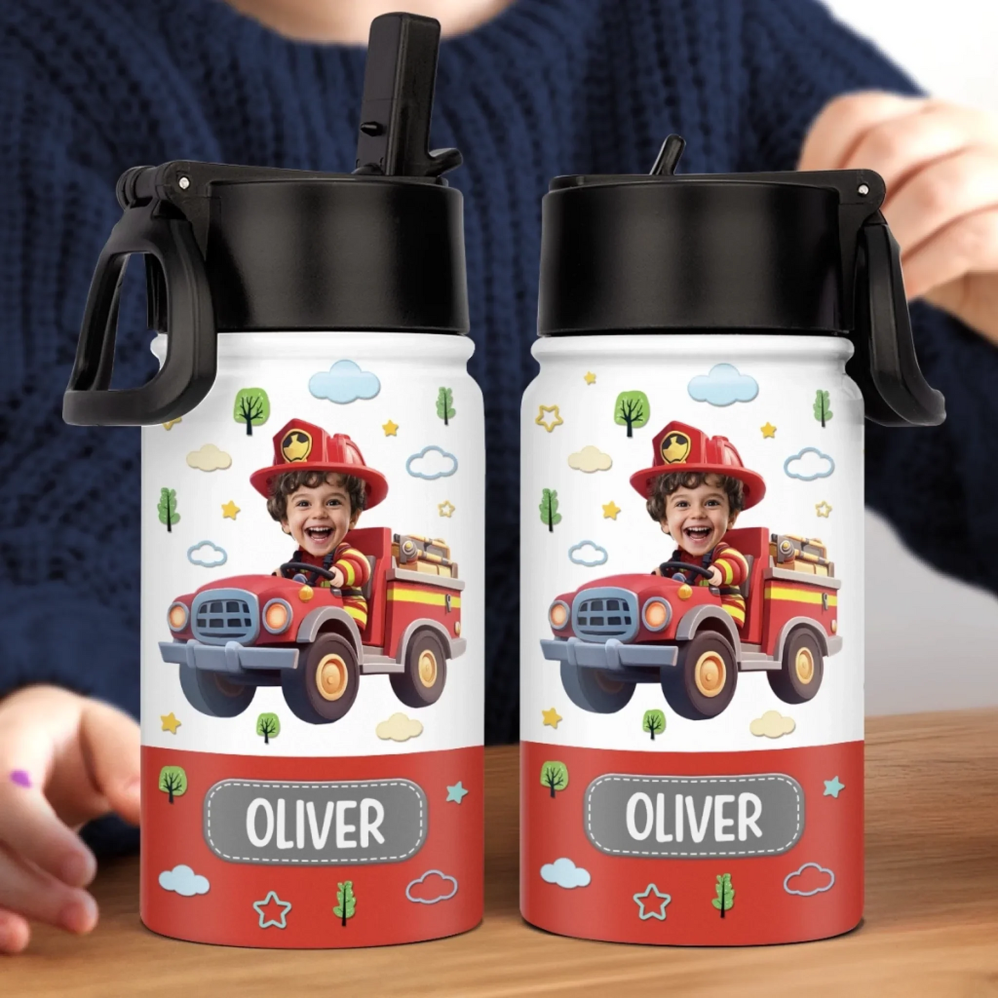 Custom Photo Kids Water Bottle - Personalized Back To School Gifts For Kids - Fire Truck Fun Ahead
