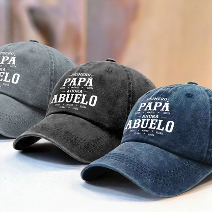 Gorra de Béisbol Personalizada de Mezclilla Vintage Lavada – Regalos de Cumpleaños Personalizados para Papá, Abuelo – Primero Papá, Ahora Abue