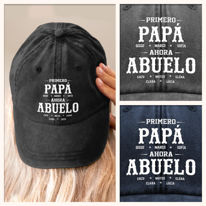 Gorra de Béisbol Personalizada de Mezclilla Vintage Lavada – Regalos de Cumpleaños Personalizados para Papá, Abuelo – Primero Papá, Ahora Abue