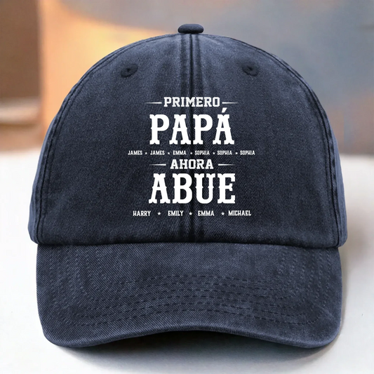 Gorra de Béisbol Personalizada de Mezclilla Vintage Lavada – Regalos de Cumpleaños Personalizados para Papá, Abuelo – Primero Papá, Ahora Abue