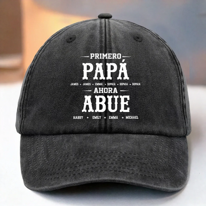 Gorra de Béisbol Personalizada de Mezclilla Vintage Lavada – Regalos de Cumpleaños Personalizados para Papá, Abuelo – Primero Papá, Ahora Abue