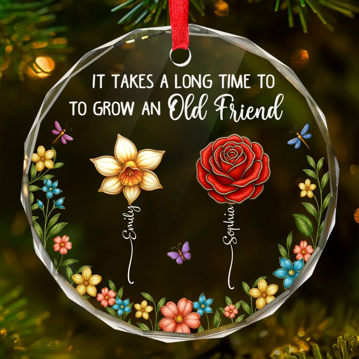 Custom Circle Ornament - Personalized Christmas Best Friend Birthday Gifts For Women, Besties, Sisters, BFF - Sisters Different Flowers Shared Garden