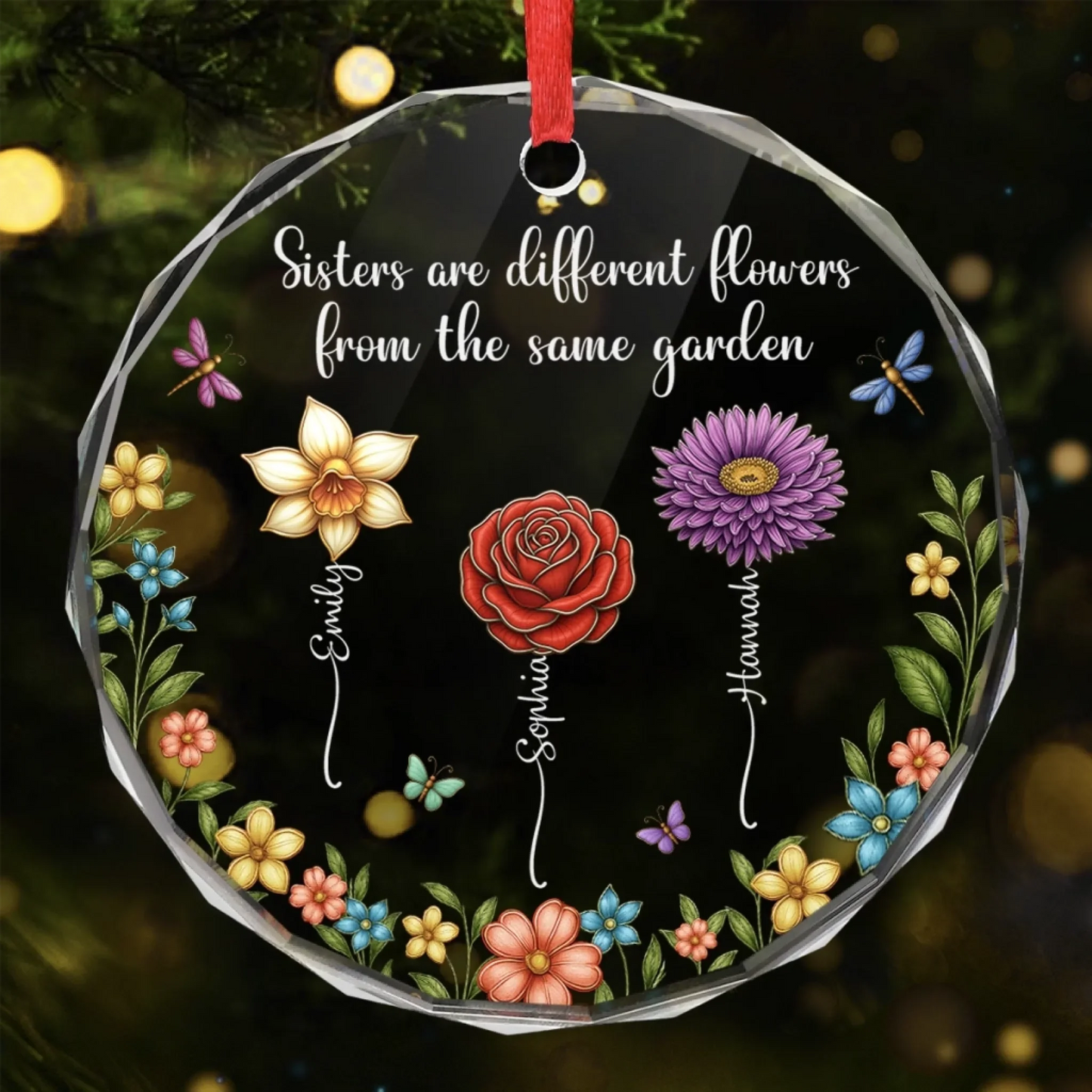 Custom Circle Ornament - Personalized Christmas Best Friend Birthday Gifts For Women, Besties, Sisters, BFF - Sisters Different Flowers Shared Garden