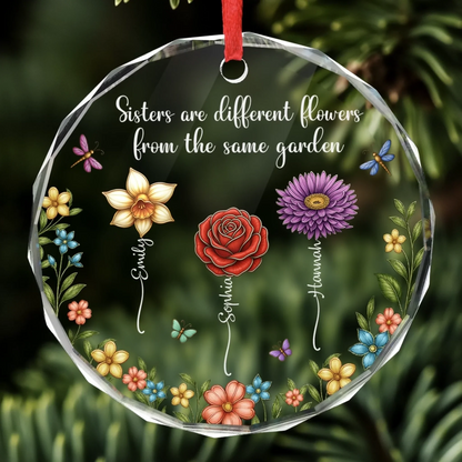 Custom Circle Ornament - Personalized Christmas Best Friend Birthday Gifts For Women, Besties, Sisters, BFF - Sisters Different Flowers Shared Garden