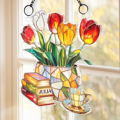 Custom Window Hanging Suncatcher Ornament - Personalized Bookish Gifts For Book Lovers, Bookworms, Readers - Reading In Full Bloom