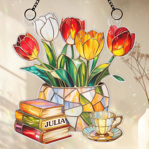 Custom Window Hanging Suncatcher Ornament - Personalized Bookish Gifts For Book Lovers, Bookworms, Readers - Reading In Full Bloom