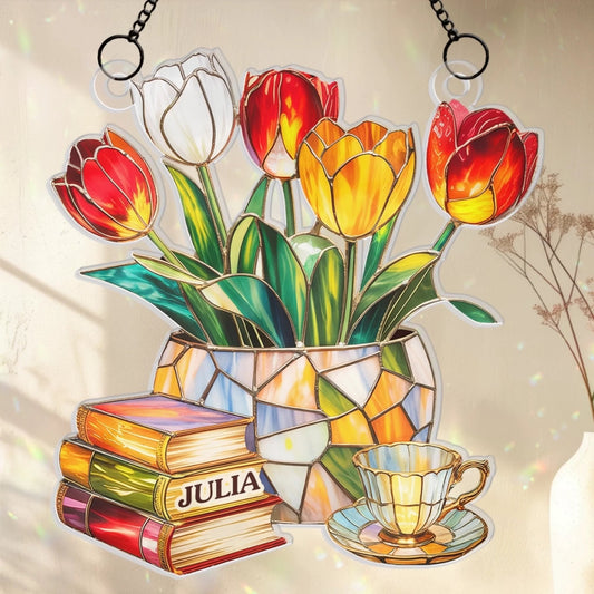 Custom Window Hanging Suncatcher Ornament - Personalized Bookish Gifts For Book Lovers, Bookworms, Readers - Reading In Full Bloom