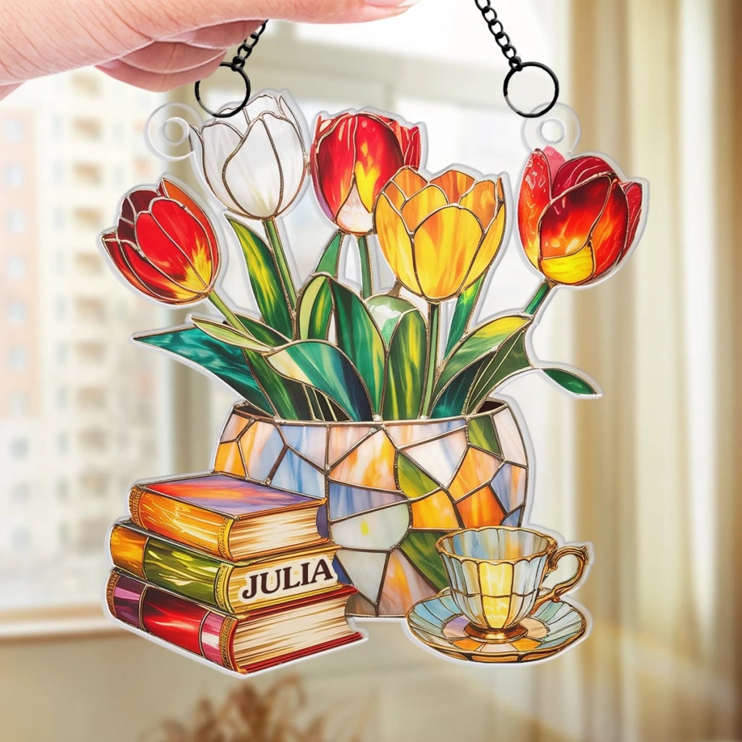 Custom Window Hanging Suncatcher Ornament - Personalized Bookish Gifts For Book Lovers, Bookworms, Readers - Reading In Full Bloom