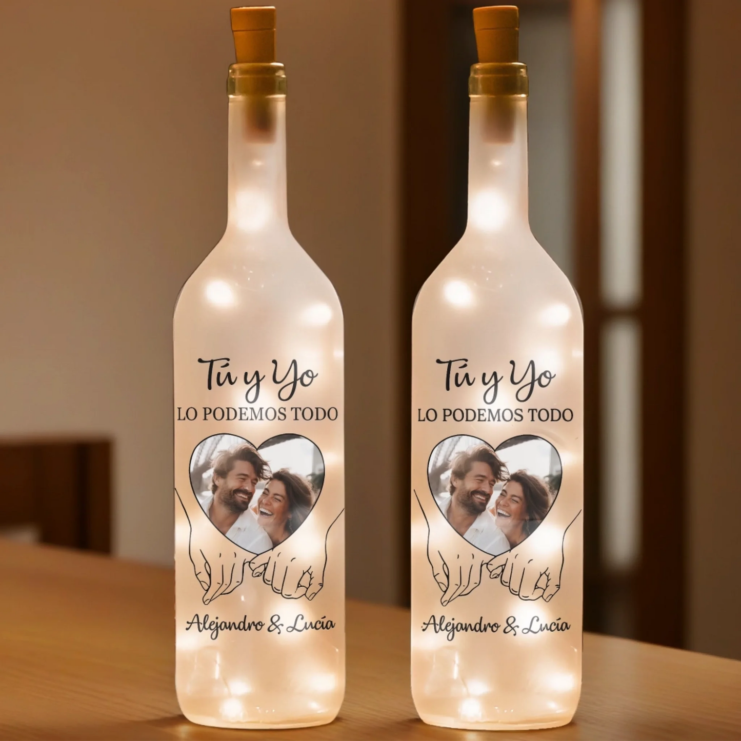 Lampara de Botella con Foto Personalizada - Regalos Personalizados de Aniversario y Boda para Esposo y Esposa, El y Ella - Contigo Todo Es Mejor