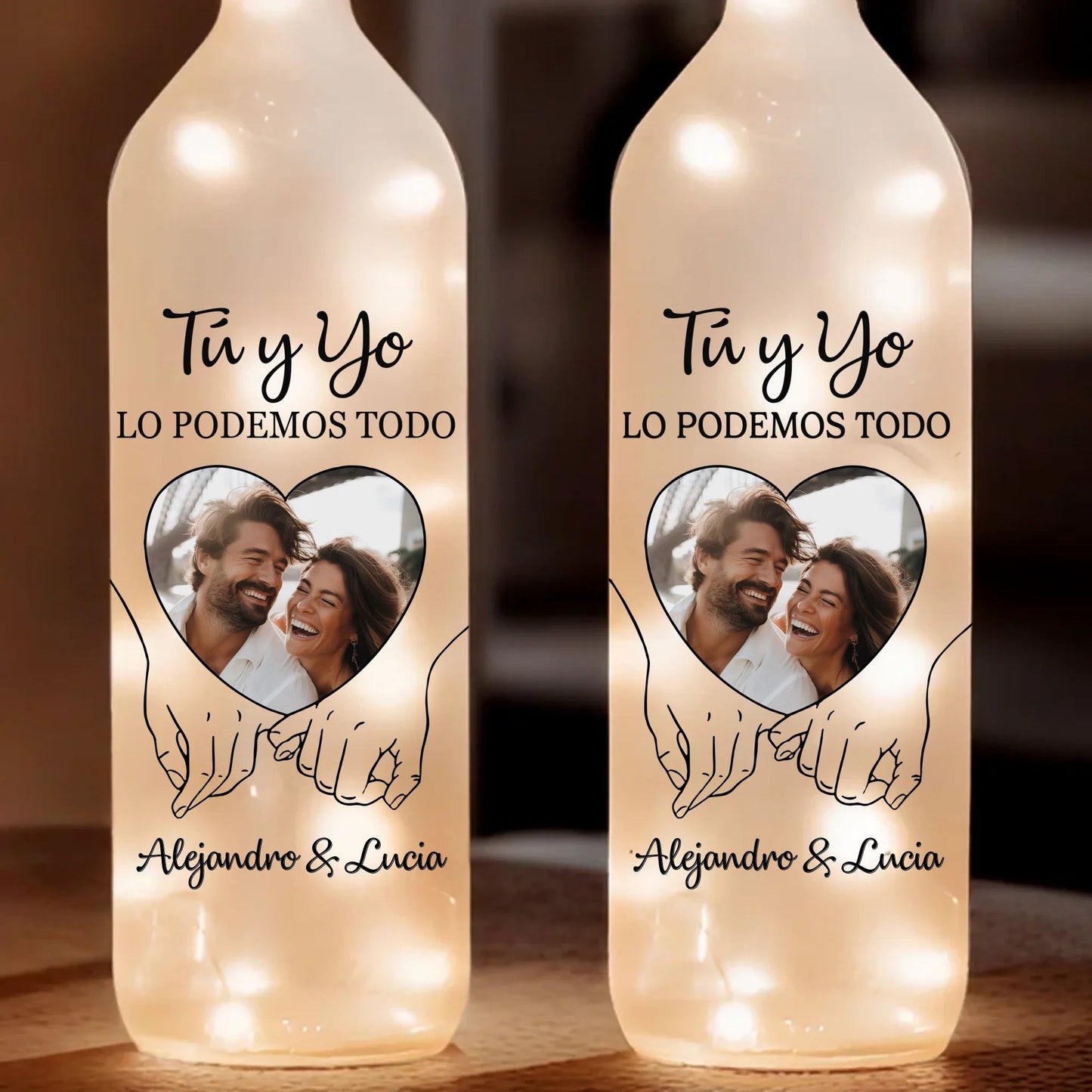 Lampara de Botella con Foto Personalizada - Regalos Personalizados de Aniversario y Boda para Esposo y Esposa, El y Ella - Contigo Todo Es Mejor