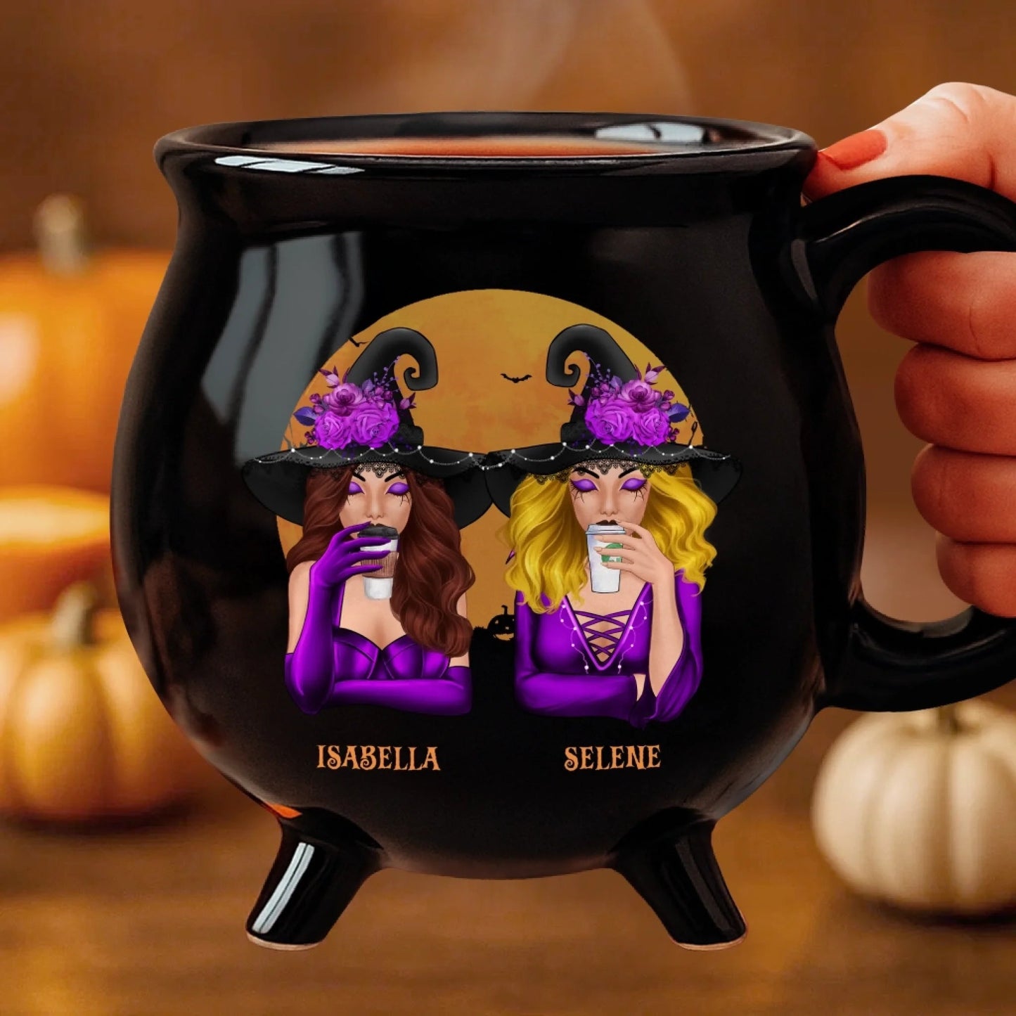 Custom 12oz Ceramic Cauldron Coffee Mug - Personalized Halloween Witchy Gifts For Besties, Sisters, BFF, Family, Yourself - Partners In Potions