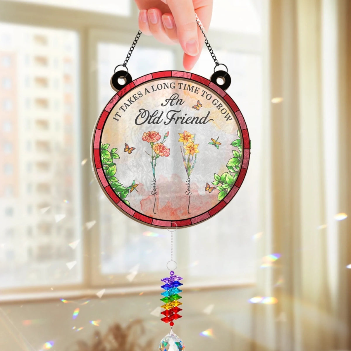 Custom Wood And Acrylic Suncatcher With Crystal Prism - Personalized Best Friend Birthday Gifts For Women, Besties, Sisters, BFF - Old Friends, New Memories