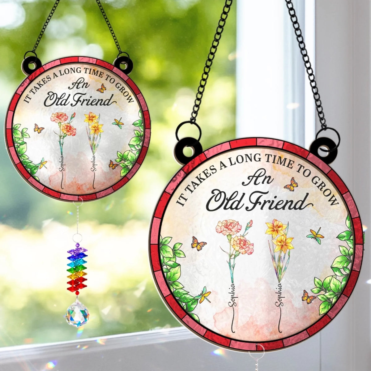 Custom Wood And Acrylic Suncatcher With Crystal Prism - Personalized Best Friend Birthday Gifts For Women, Besties, Sisters, BFF - Old Friends, New Memories