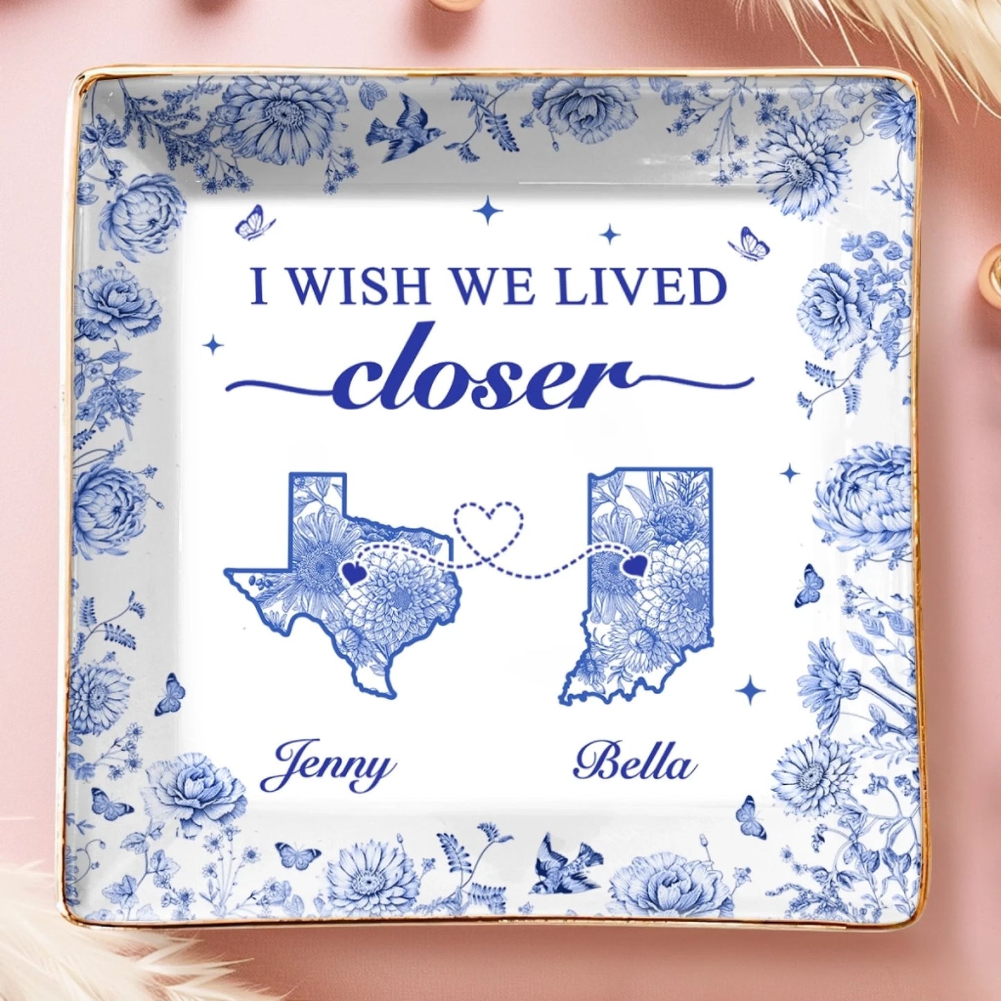 Custom Long Distance Full-Print Jewelry Dish - Personalized Best Friend Birthday Gifts For Women, Besties, Sisters, BFF - Miles Apart, Hearts Together