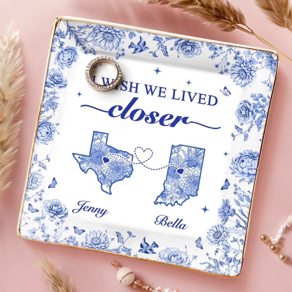 Custom Long Distance Full-Print Jewelry Dish - Personalized Best Friend Birthday Gifts For Women, Besties, Sisters, BFF - Miles Apart, Hearts Together