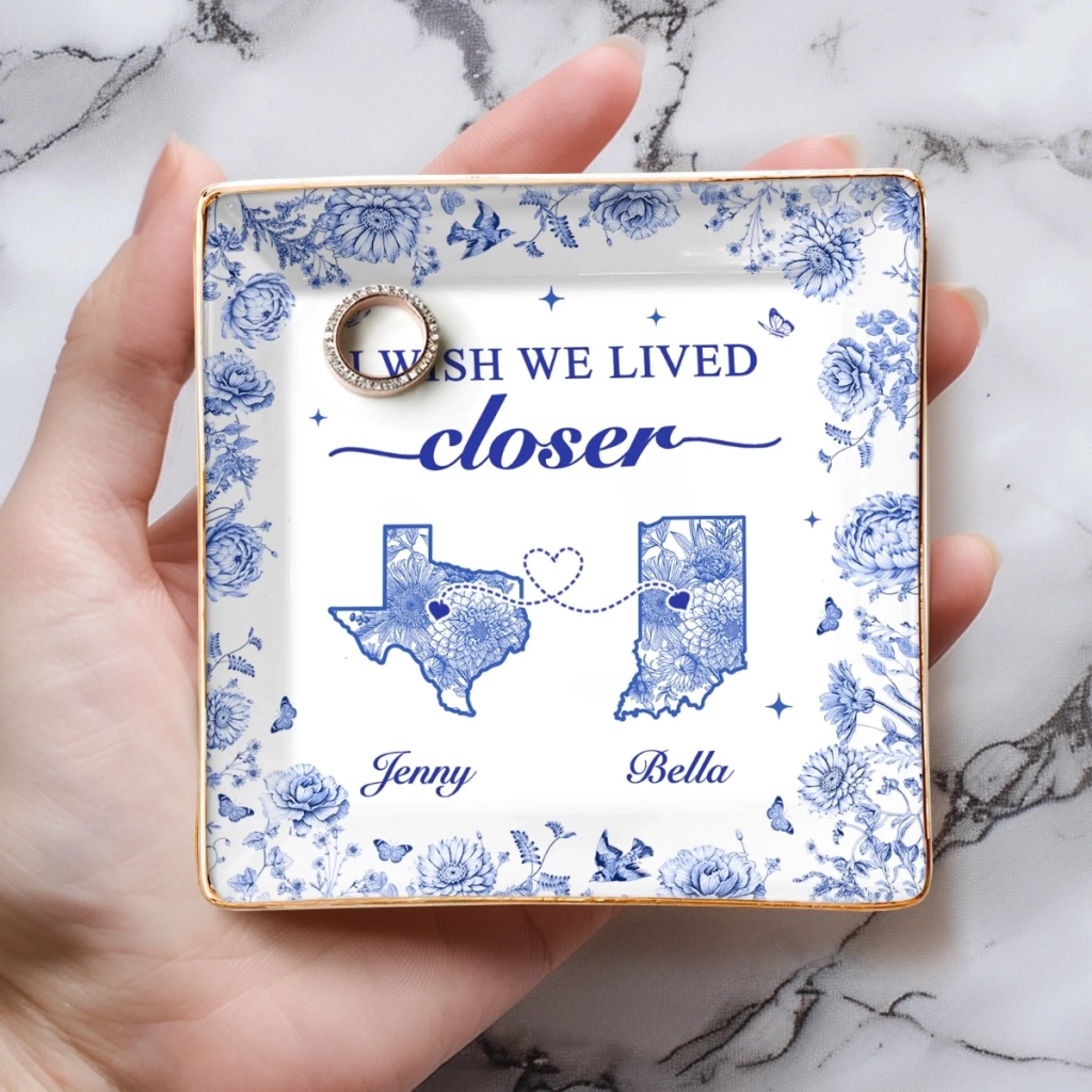 Custom Long Distance Full-Print Jewelry Dish - Personalized Best Friend Birthday Gifts For Women, Besties, Sisters, BFF - Miles Apart, Hearts Together