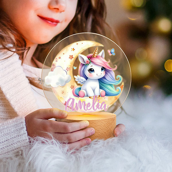 Personalised Fantasy Unicorn Dreamy Moon LED Night Light with Wooden Base and Name Nursery Decor Birthday Baby Shower Gift for Girls