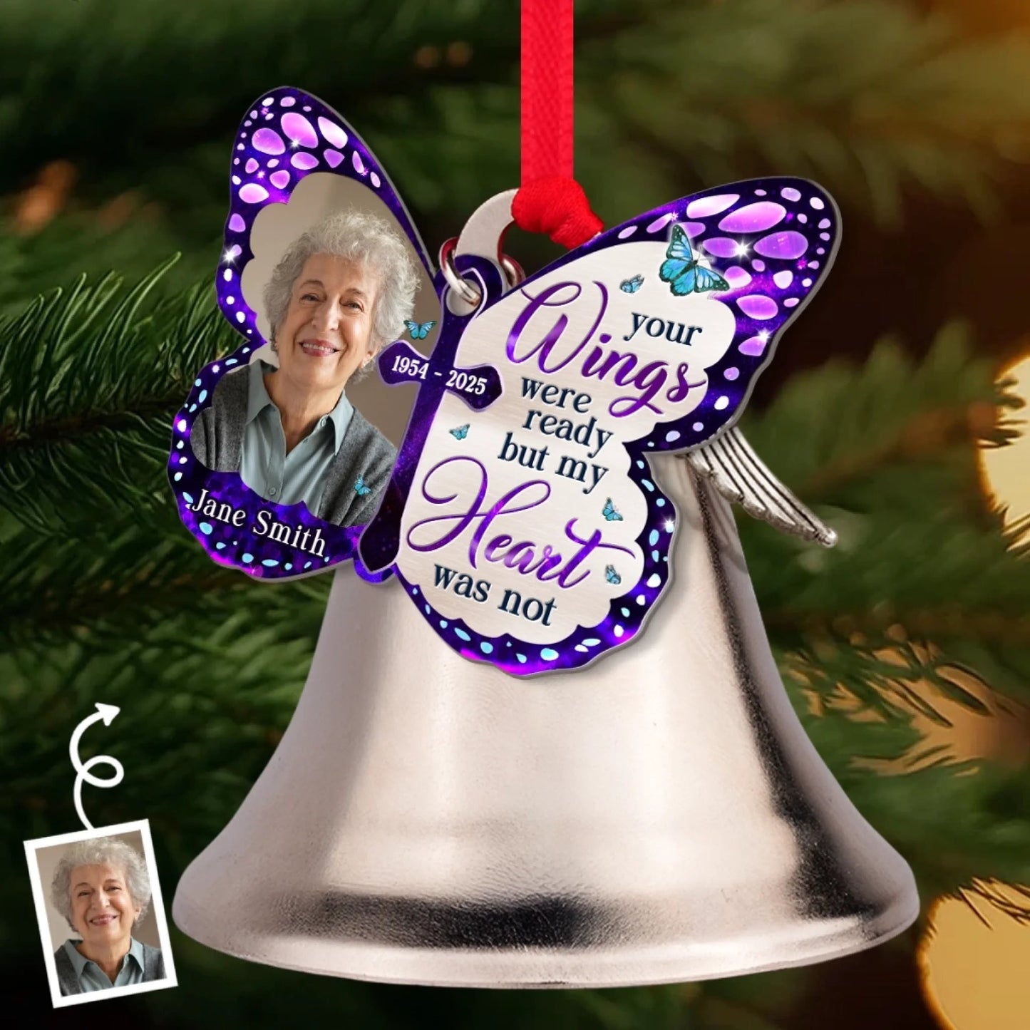 Custom Photo Bell Ornament With Charms - Personalized Memorial Sympathy Gifts For Loss Of Mom, Dad - Your Wings Were Ready But My Heart Was Not