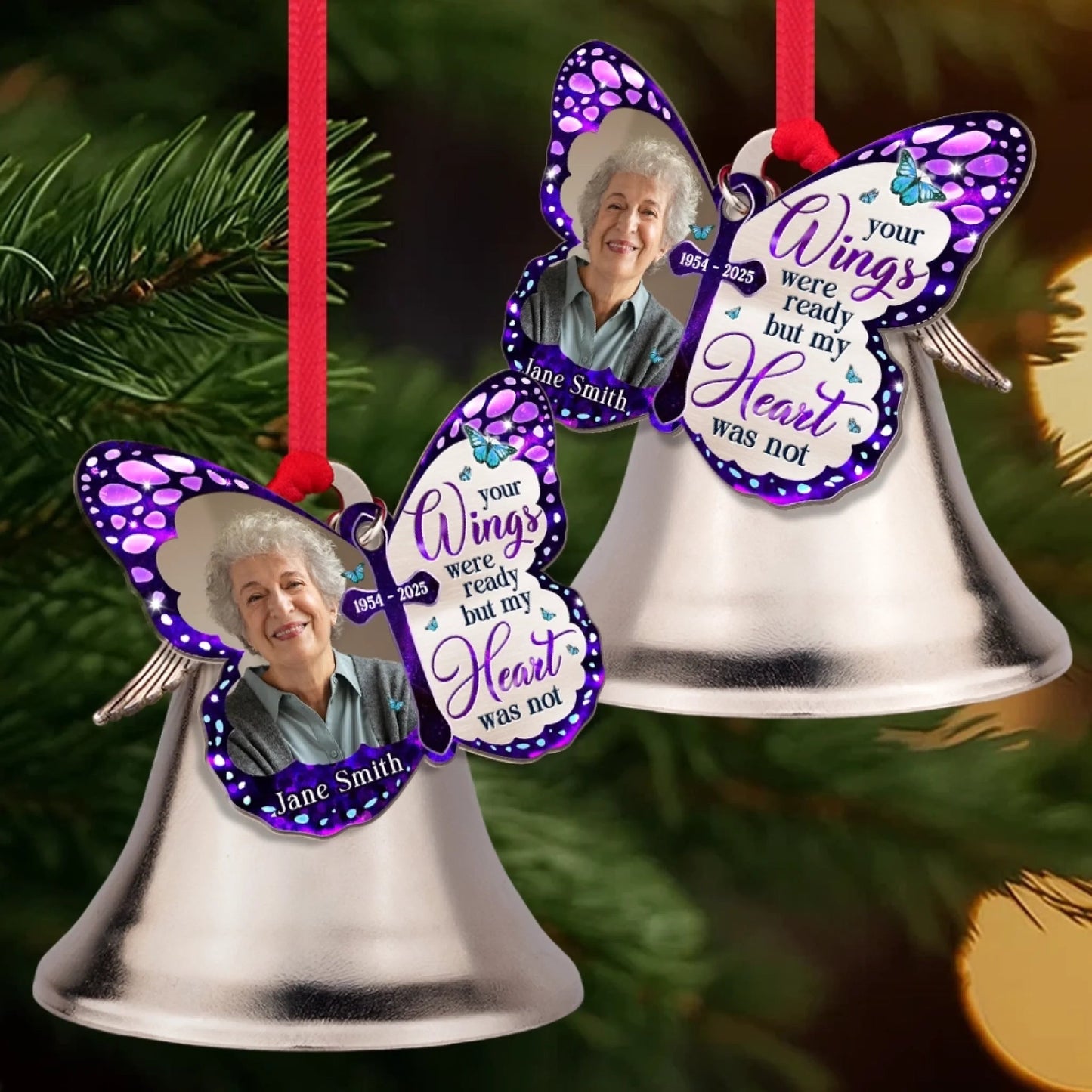 Custom Photo Bell Ornament With Charms - Personalized Memorial Sympathy Gifts For Loss Of Mom, Dad - Your Wings Were Ready But My Heart Was Not