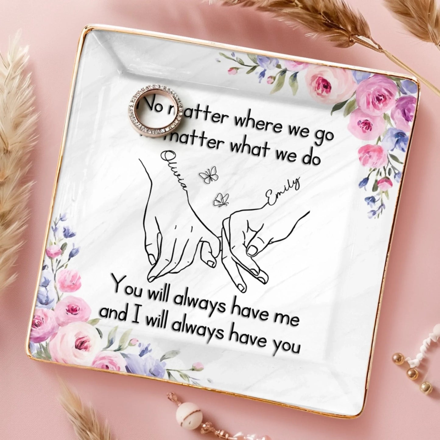 Custom Full-Print Jewelry Dish - Personalized Best Friend Birthday Gifts For Women, Besties, Sisters, BFF - Blossoms Fade, But Friendship Stays Forever