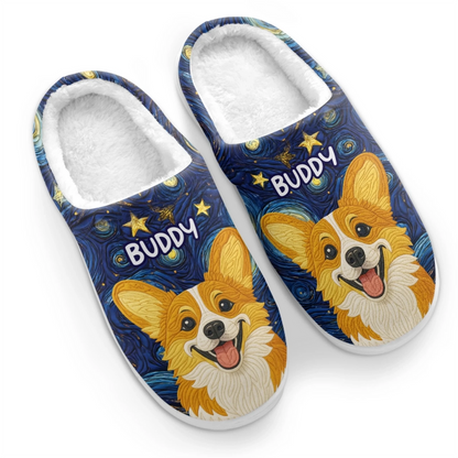 Custom Photo Fluffy Slippers - Personalized Birthday Gifts For Dog Cat Lovers, Dog Dad And Mom, Cat Owners - Starry Skies, Wagging Tails