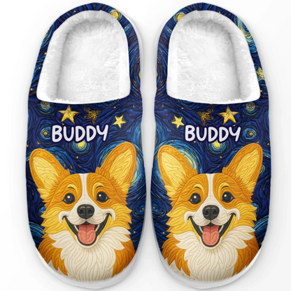 Custom Photo Fluffy Slippers - Personalized Birthday Gifts For Dog Cat Lovers, Dog Dad And Mom, Cat Owners - Starry Skies, Wagging Tails