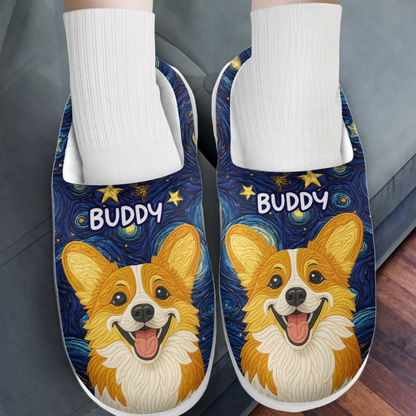Custom Photo Fluffy Slippers - Personalized Birthday Gifts For Dog Cat Lovers, Dog Dad And Mom, Cat Owners - Starry Skies, Wagging Tails