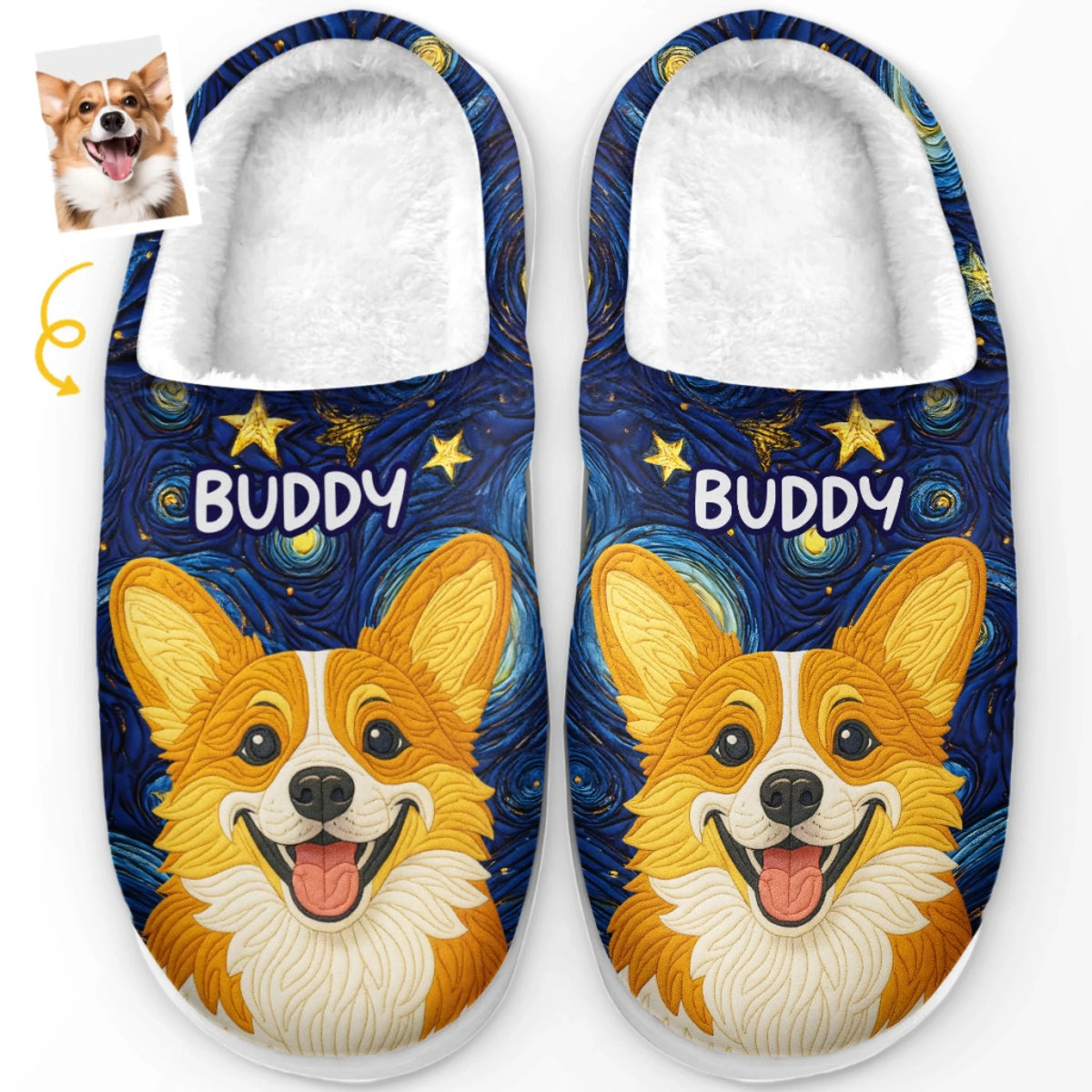 Custom Photo Fluffy Slippers - Personalized Birthday Gifts For Dog Cat Lovers, Dog Dad And Mom, Cat Owners - Starry Skies, Wagging Tails