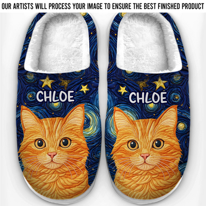Custom Photo Fluffy Slippers - Personalized Birthday Gifts For Dog Cat Lovers, Dog Dad And Mom, Cat Owners - Starry Skies, Wagging Tails